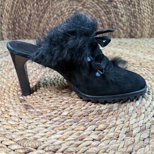 Coach Elegant Black Suede Mules Kristy 10 B Fur-Trimmed Women's Slip On Heels